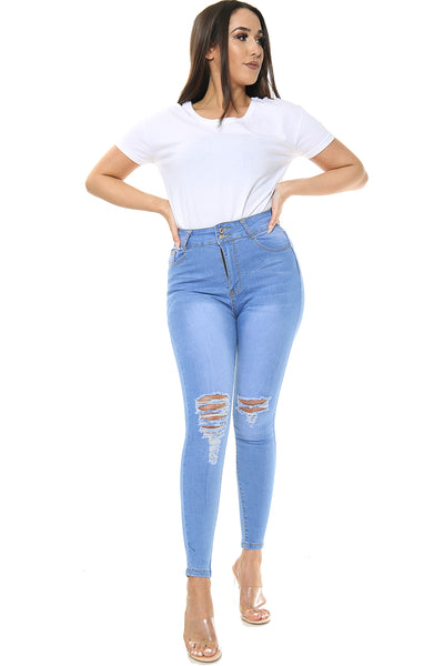 Blue Ladies High Waisted Knee cut jeans