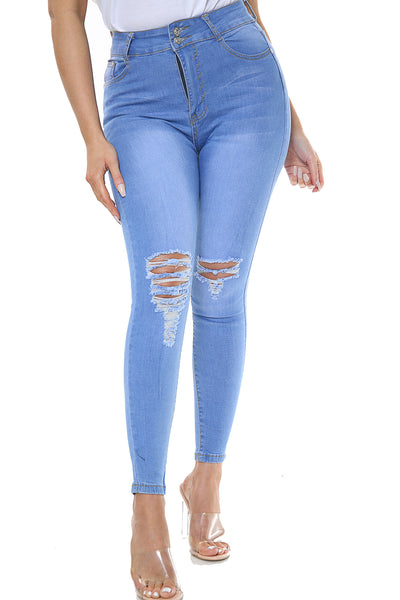 Blue Ladies High Waisted Knee cut jeans