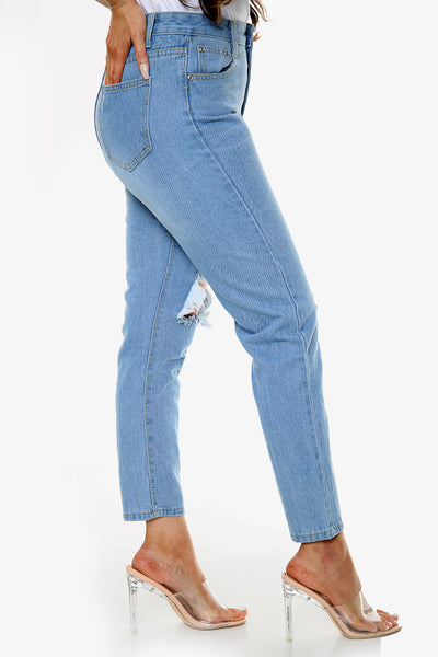 Light Blue Boyfriend Knee Cut Jeans