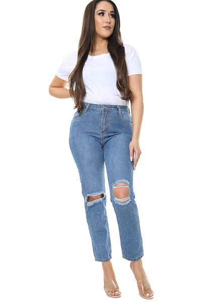 Blue Boyfriend knee cut jeans