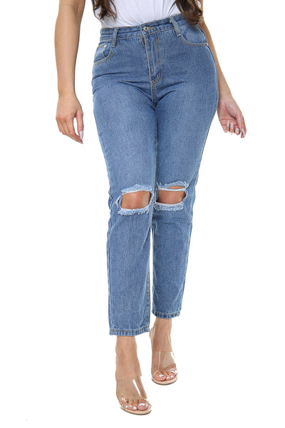 Blue Boyfriend knee cut jeans