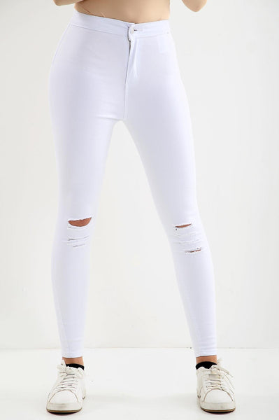 White Knee Cut Ladies High waisted jeans