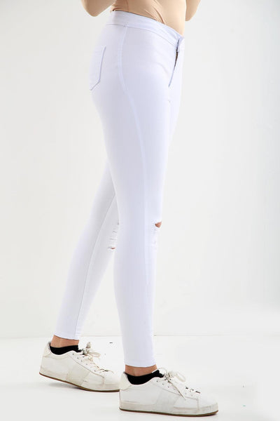 White Knee Cut Ladies High waisted jeans