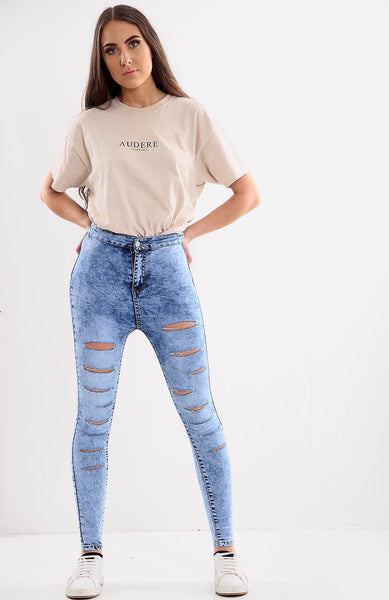 Blue Ladies High waisted multi cut jeans