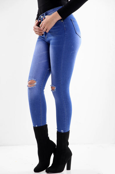 Blue Ladies High waisted knee cut jeans