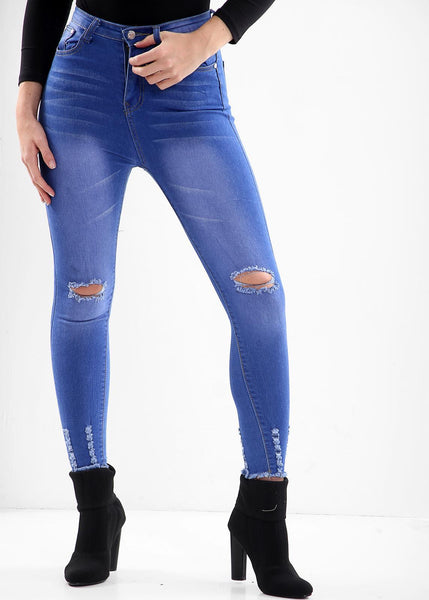 Blue Ladies High waisted knee cut jeans