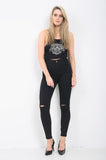 BLACK LADIES KNEE CUT HIGH WAISTED JEANS