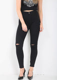 BLACK LADIES KNEE CUT HIGH WAISTED JEANS