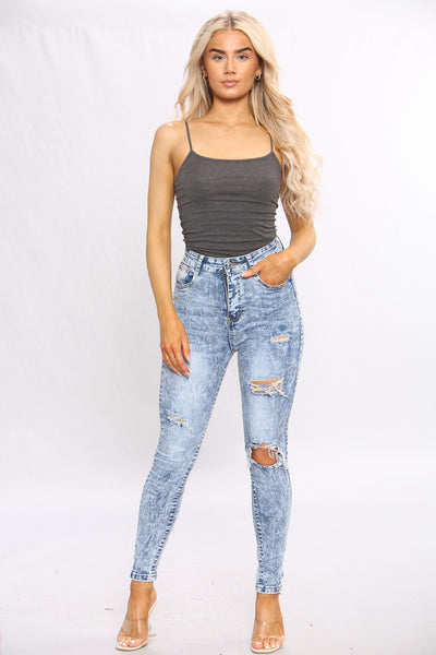 Denim Distressed Acid Wash Skinny Fit Jeans