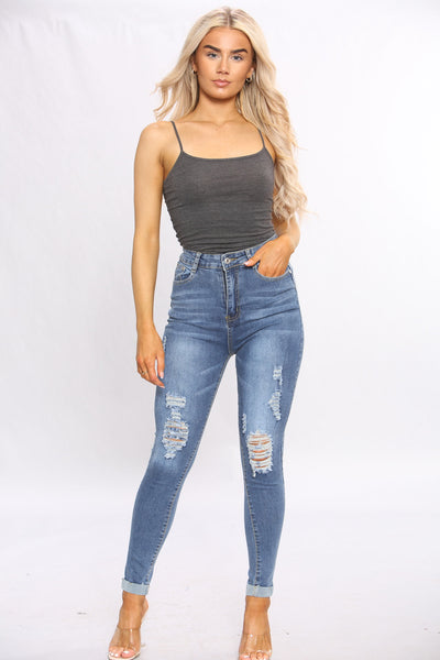 Denim Distressed Blue Wash Skinny Fit Jeans