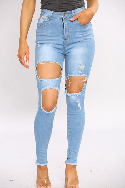 Denim Distressed Blue Wash Ripped Jeans