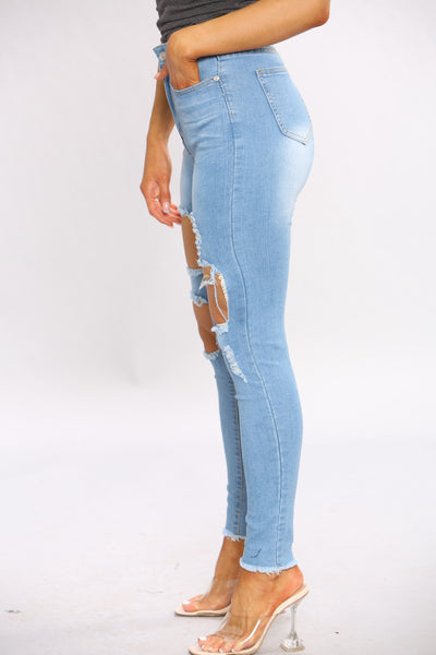 Denim Distressed Blue Wash Ripped Jeans