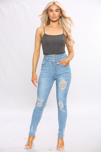 Blue Ripped Three Button Hem Skinny Jeans