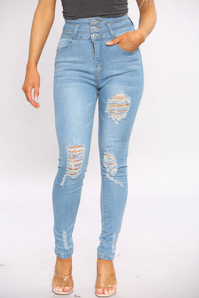 Blue Ripped Three Button Hem Skinny Jeans