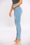 Blue Ripped Three Button Hem Skinny Jeans