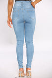 Blue Ripped Three Button Hem Skinny Jeans