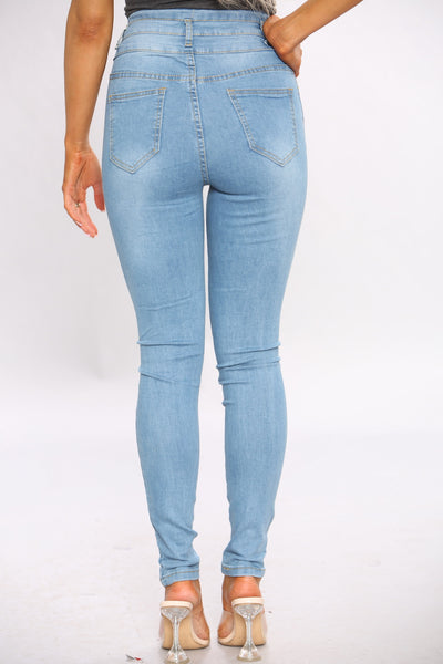 Blue Ripped Three Button Hem Skinny Jeans