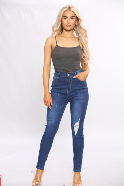 Blue High Waist Raw Cut Skinny Jeans