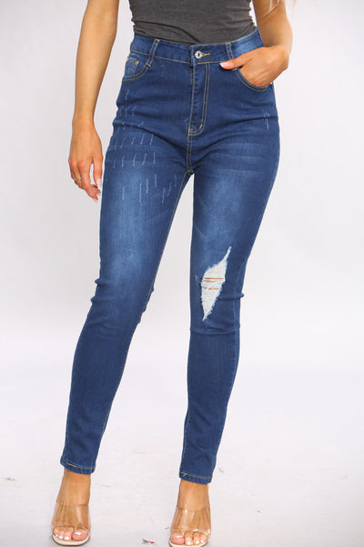 Blue High Waist Raw Cut Skinny Jeans