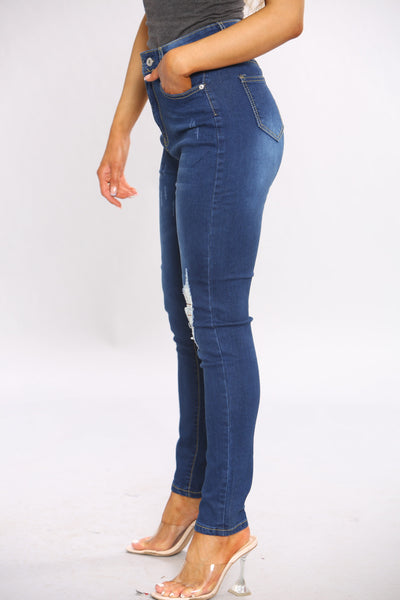 Blue High Waist Raw Cut Skinny Jeans