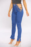 Blue Cut Ankle Slit Skinny Jeans with Chains