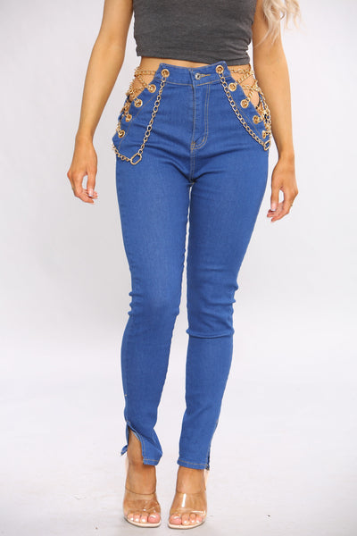 Blue Cut Ankle Slit Skinny Jeans with Chains