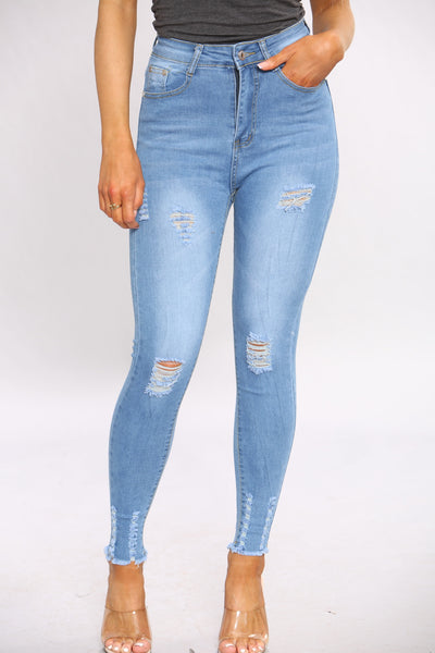 Blue Ripped Zip Hem Skinny Jeans