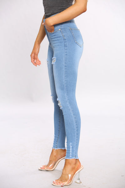 Blue Ripped Zip Hem Skinny Jeans