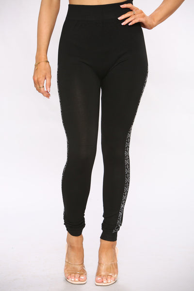 Black Cotton Diamante Side leggings