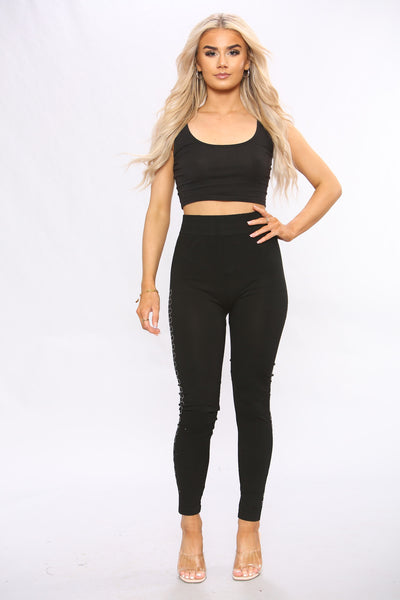 Black Cotton Diamante Side leggings