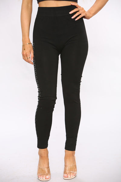 Black Cotton Diamante Side leggings