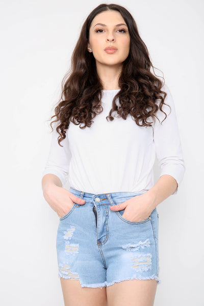 Blue Buttons Distressed High Waisted Denim Shorts