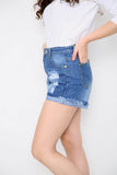 Blue Distressed High Waisted Denim Shorts